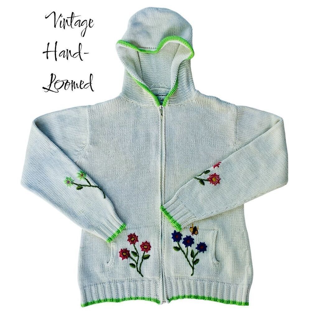 VTG SZ L Cotton Salsa Hand-Loomed In Peru Cream Hooded Floral Sweater